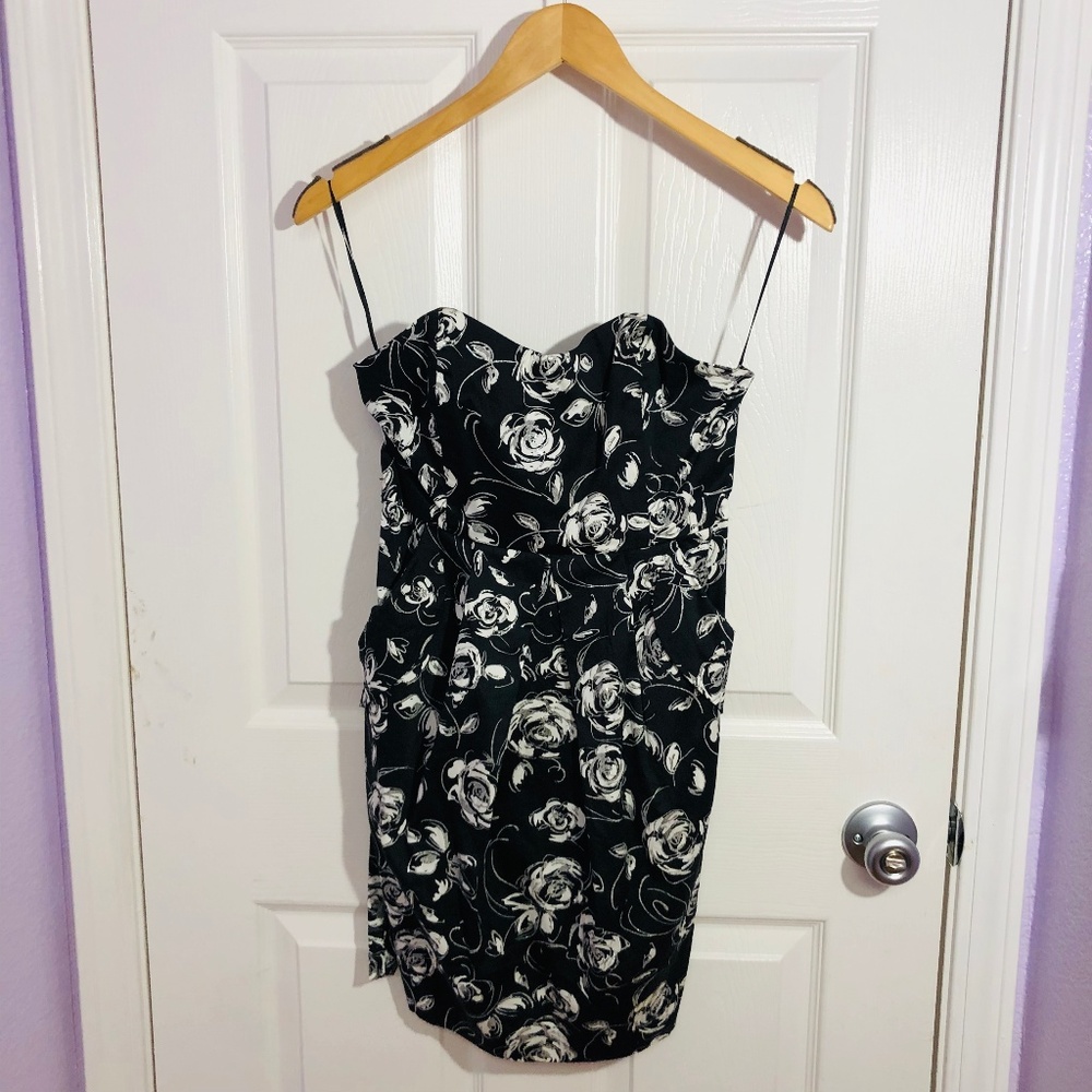 Black and Grey Floral Strapless Cocktail Dress
